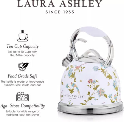 Laura Ashley Whistling Stovetop Kettle 3L Stainless Steel Tea Pot with Handle