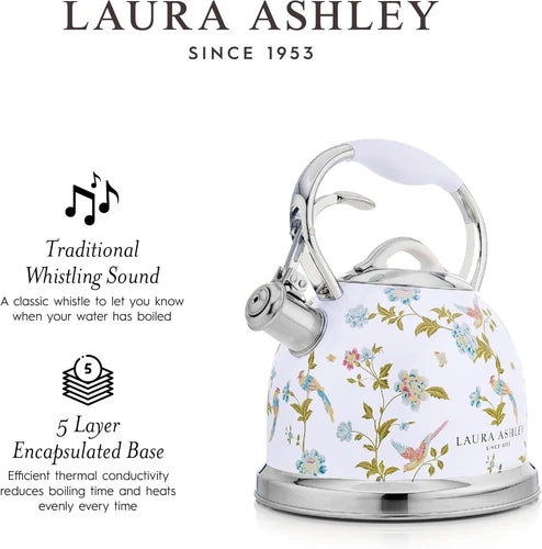 Laura Ashley Whistling Stovetop Kettle 3L Stainless Steel Tea Pot with Handle
